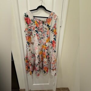 V-neck floral scuba fit and flare dress.
